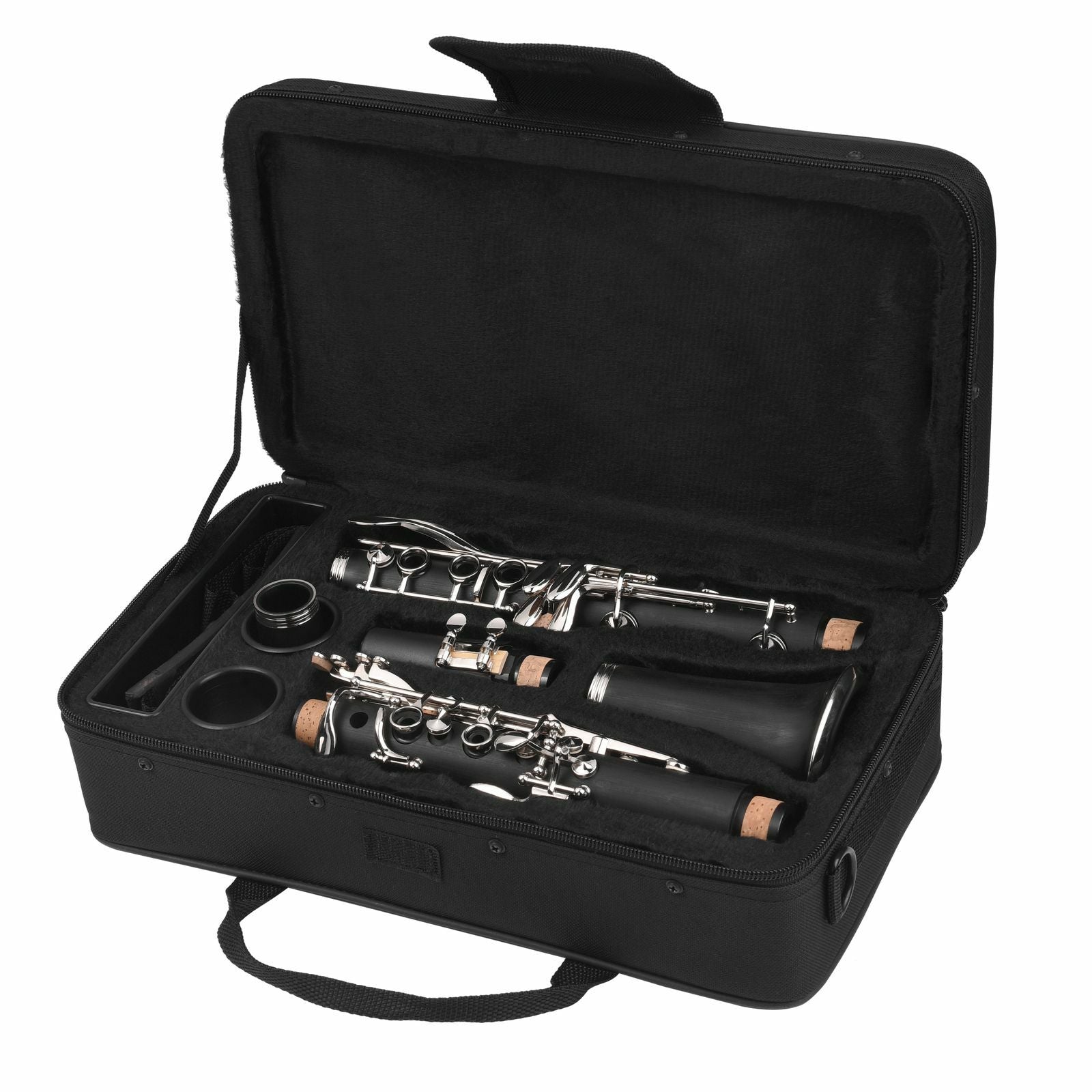The Axiom Music Prelude Clarinet Outfit, a school band clarinet in black with silver keys and crafted from composite material, is displayed angled on a white background with its bell facing forward.