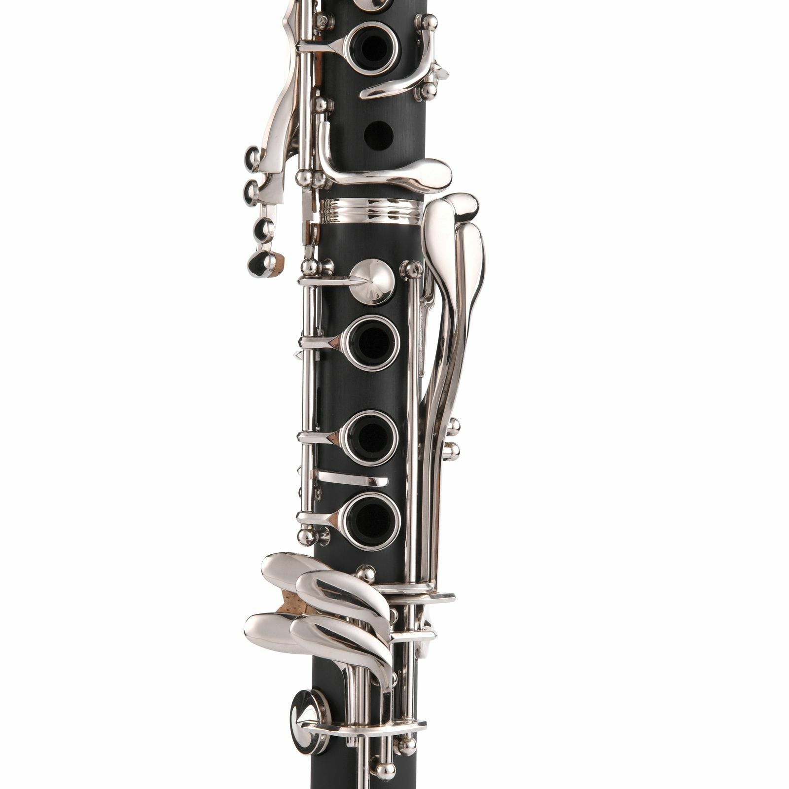 The Axiom Music Prelude Clarinet Outfit, a school band clarinet in black with silver keys and crafted from composite material, is displayed angled on a white background with its bell facing forward.