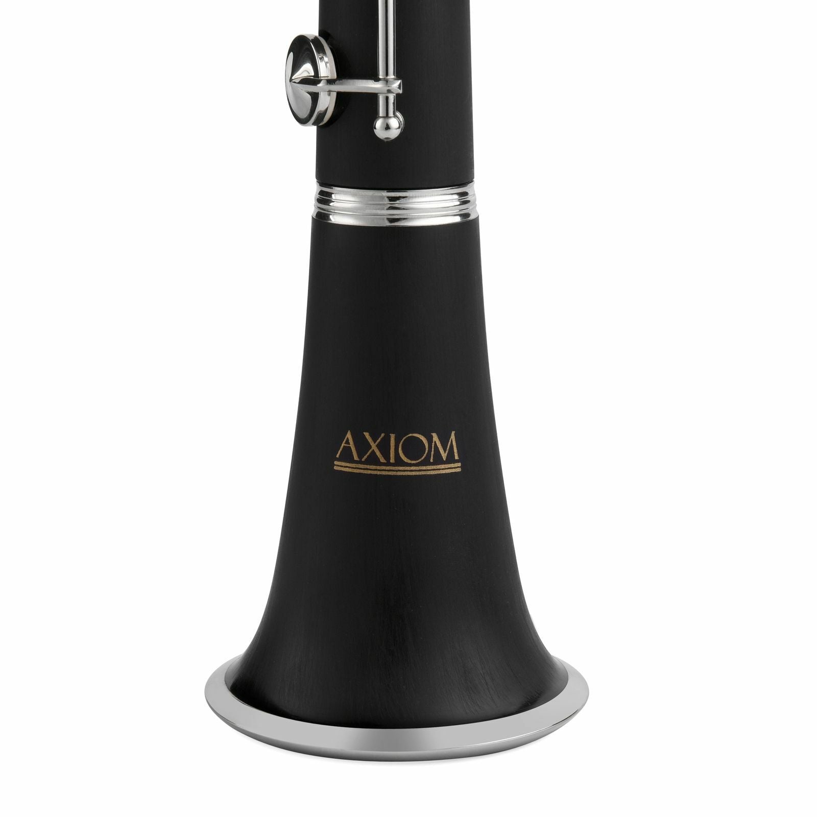 The Axiom Music Prelude Clarinet Outfit, a school band clarinet in black with silver keys and crafted from composite material, is displayed angled on a white background with its bell facing forward.