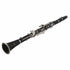 The Axiom Music Prelude Clarinet Outfit, a school band clarinet in black with silver keys and crafted from composite material, is displayed angled on a white background with its bell facing forward.