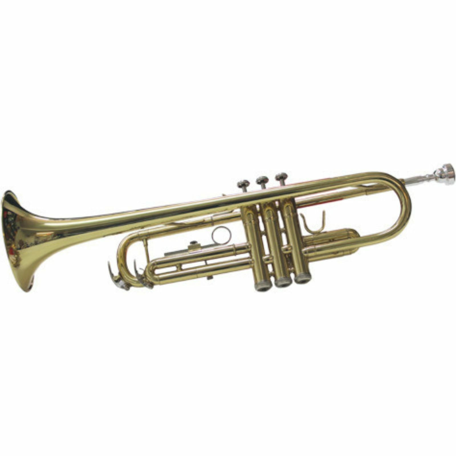 The Axiom Prelude Trumpet Outfit - School Band by Axiom Music includes a yellow brass body, three valves, and a silver mouthpiece, shown on a white background for easy playability.