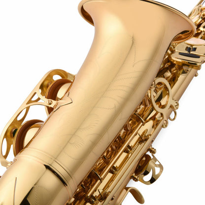 The Axiom Prelude Alto Sax Outfit by Axiom Music, ideal for school bands, features a gold finish with black mouthpiece and a durable, beginner-friendly design—displayed upright against a white background.