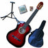 The Axiom Music Beginners Guitar Pack - Full Size Red includes a red and black guitar, stand, extra nylon strings, guitar pick, and black gig bag—everything a beginner needs in one complete set.
