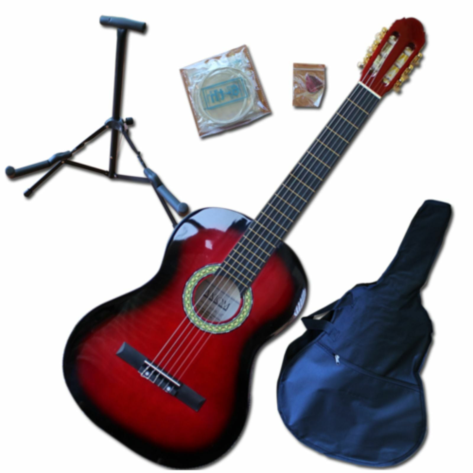 The Axiom Childrens Guitar Pack - 3/4 Size Red by Axiom Music features a red acoustic beginners guitar with nylon strings, black edge, stand, high quality tuners, extra strings, pick, and a black carrying case.