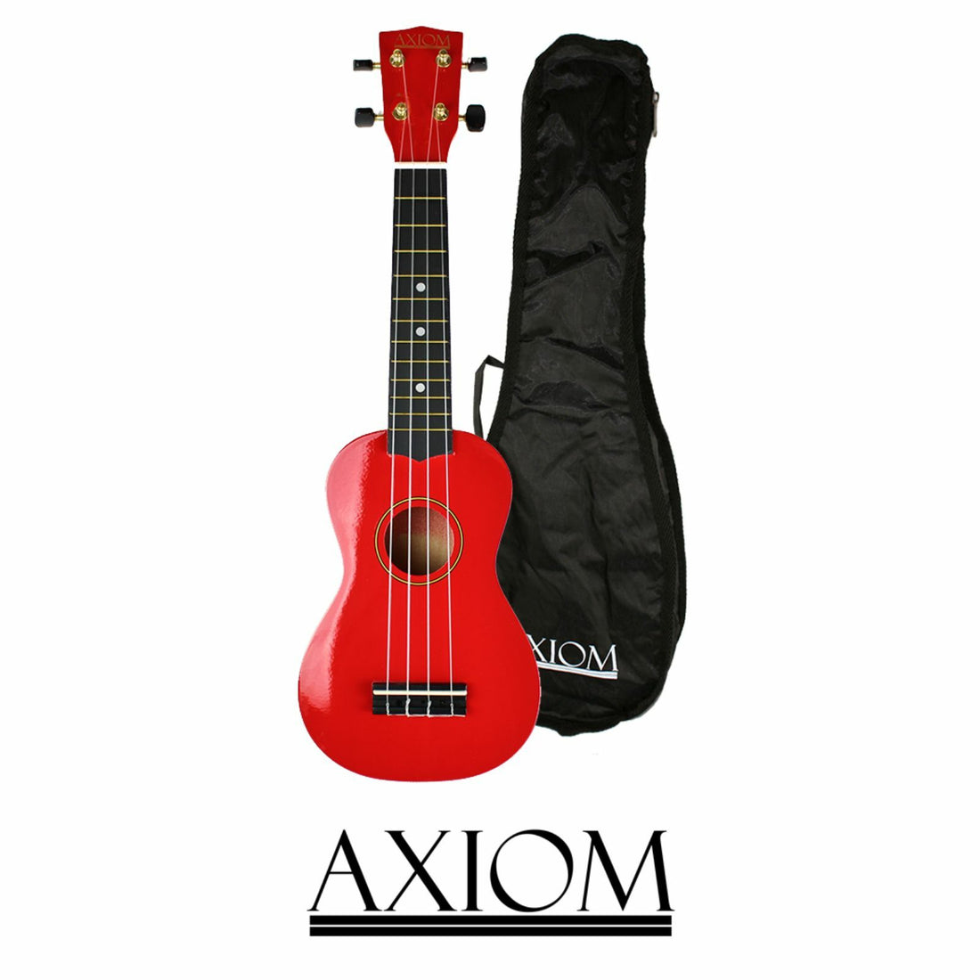 The Axiom Spectrum Soprano Beginner Ukulele in bright red, by Axiom Music, is shown with black tuning pegs beside a sleek black gig bag. The brand name appears below the instruments in bold, elegant letters.