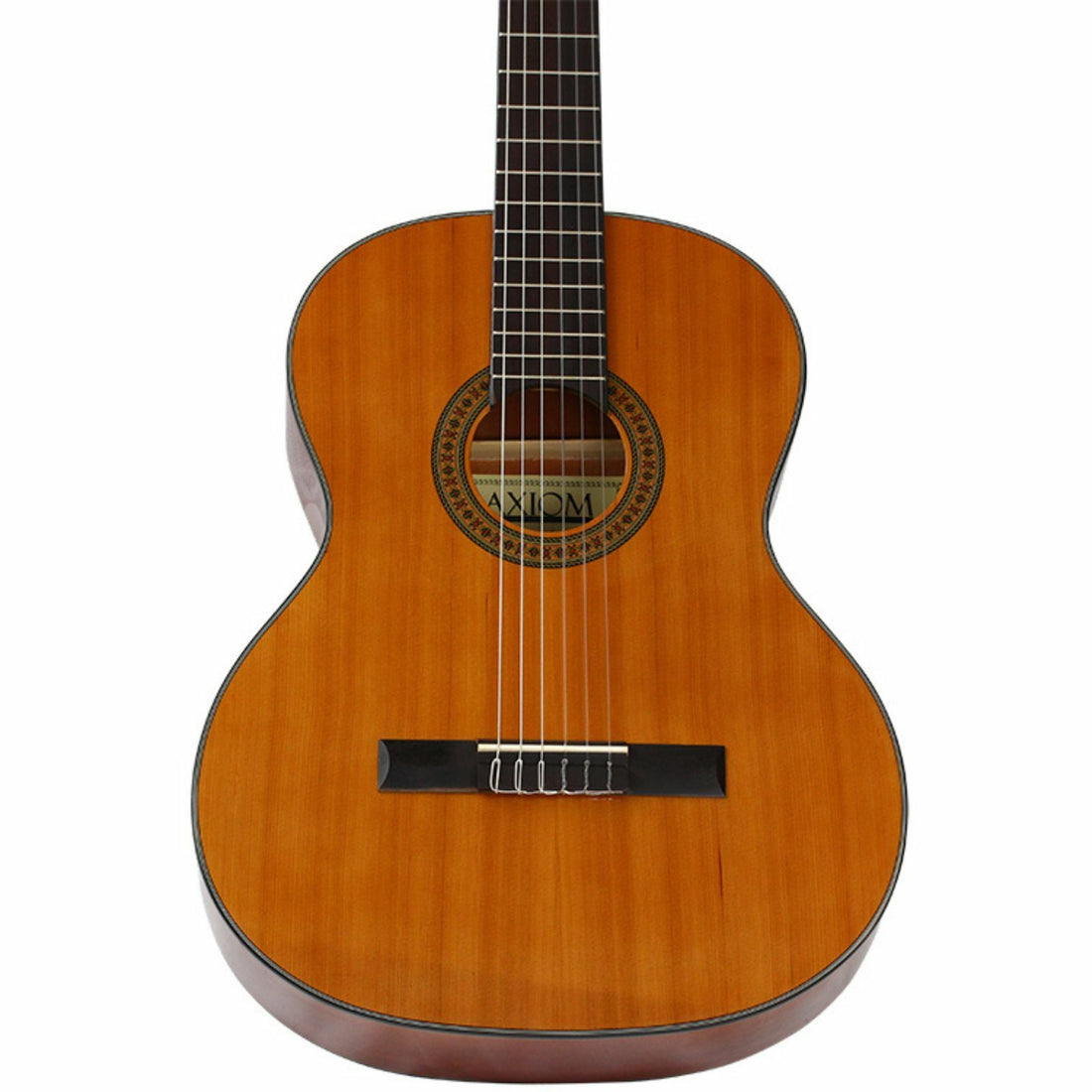 The Axiom Music Axiom Segovia Classical Guitar features a wooden body, dark fretboard, gold tuning pegs, and six Savarez 500CL nylon strings.