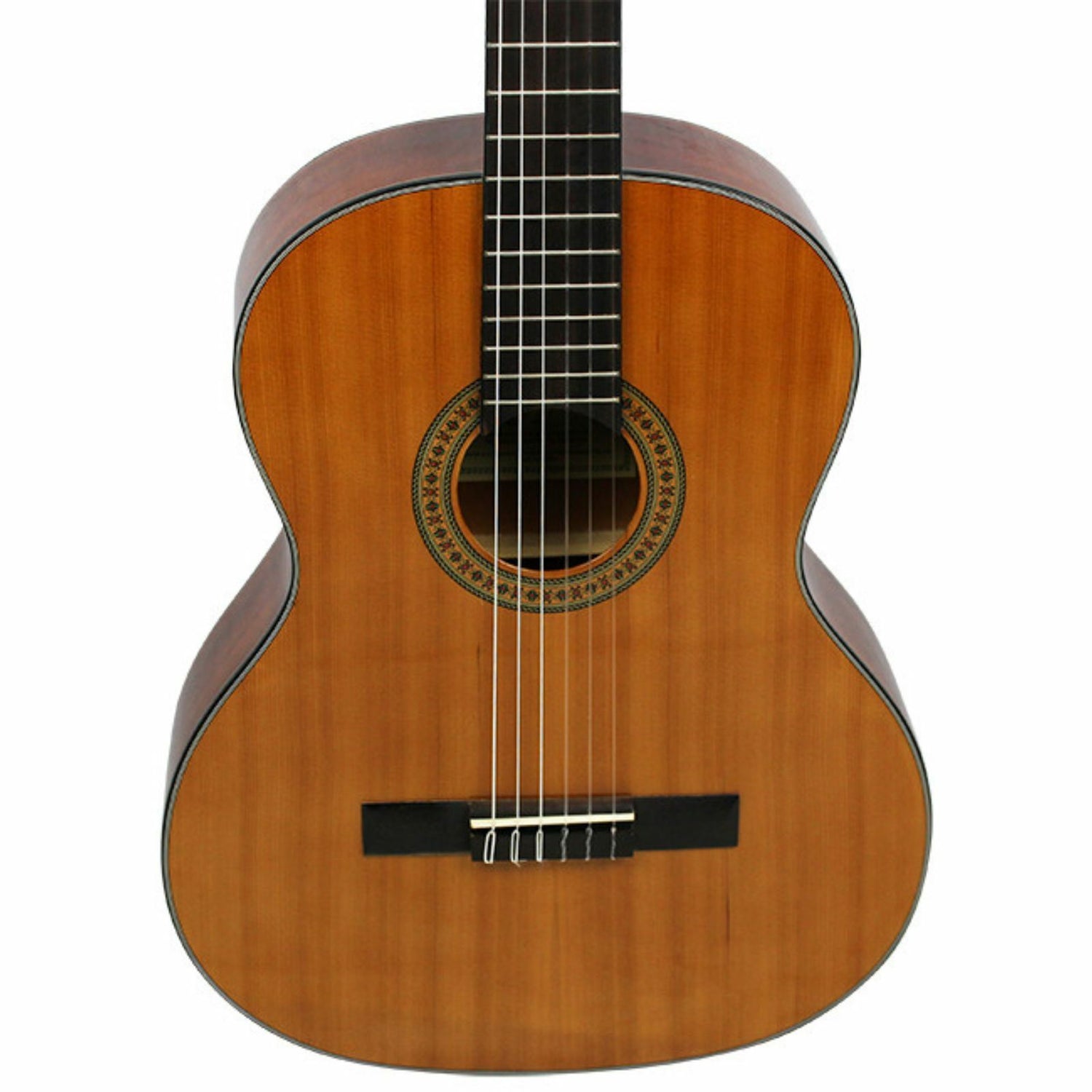 The Axiom Music Axiom Segovia Classical Guitar features a wooden body, dark fretboard, gold tuning pegs, and six Savarez 500CL nylon strings.