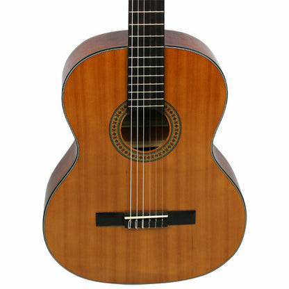 The Axiom Music Axiom Segovia Classical Guitar features a wooden body, dark fretboard, gold tuning pegs, and six Savarez 500CL nylon strings.