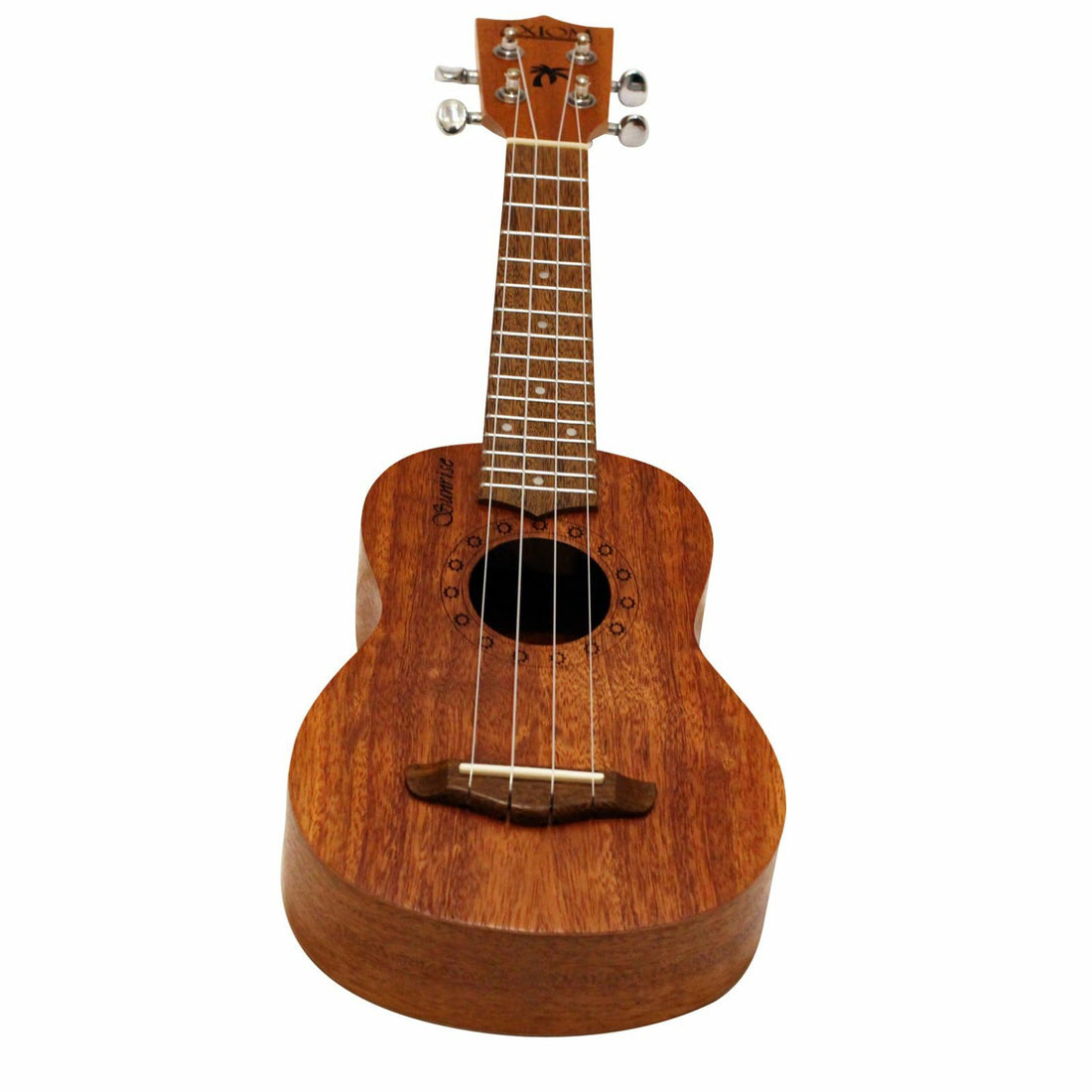 The Axiom Sunrise Soprano Ukulele by Axiom Music, featuring four tuning pegs and a circular sound hole, is shown from the front at a slight angle on a white background.