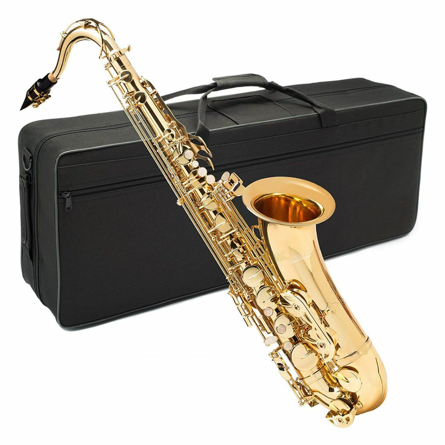 The Axiom Tenor Saxophone Outfit from Axiom Music, a quality brass school band instrument with a black mouthpiece, stands upright against a plain white background—a striking woodwind example.