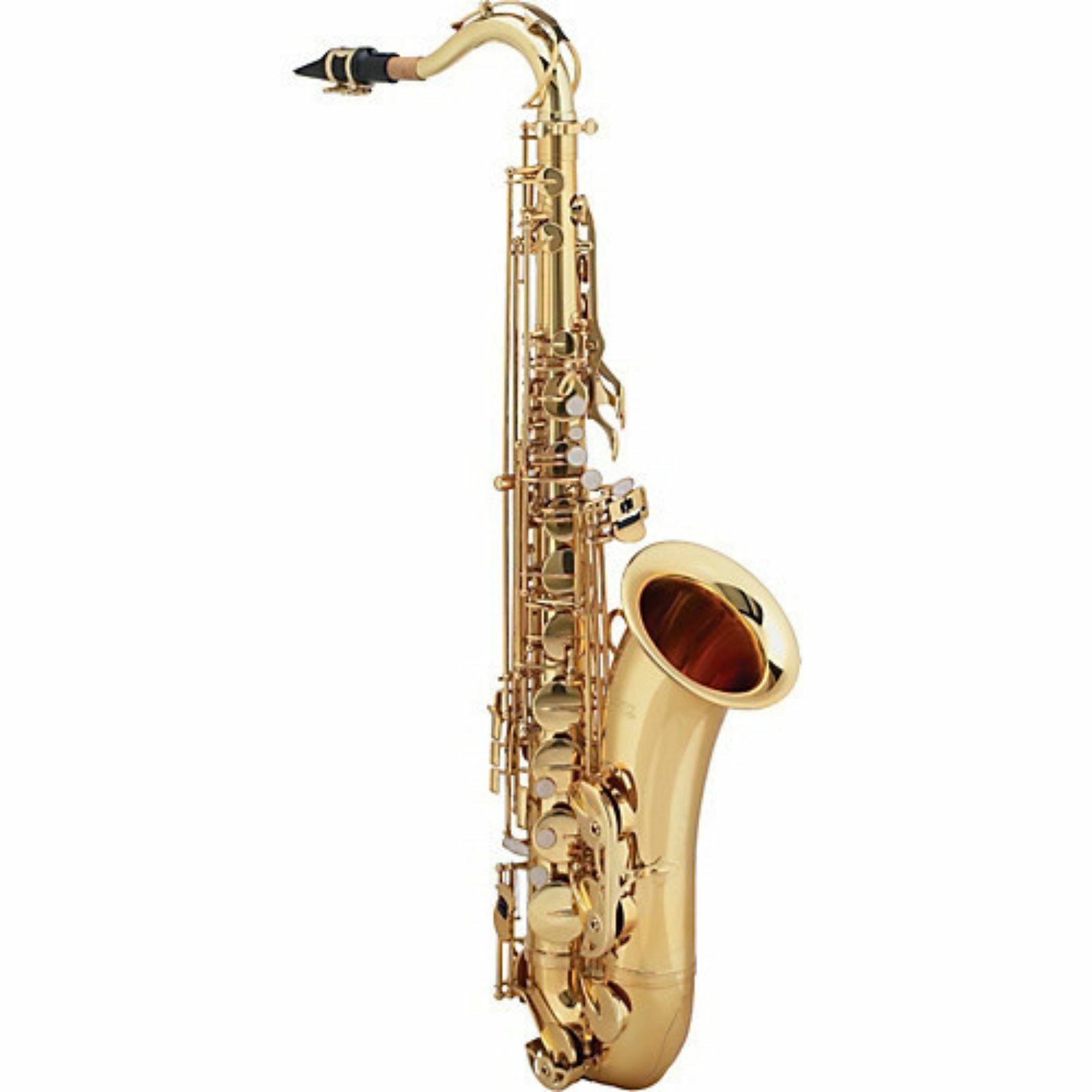 The Axiom Tenor Saxophone Outfit from Axiom Music, a quality brass school band instrument with a black mouthpiece, stands upright against a plain white background—a striking woodwind example.