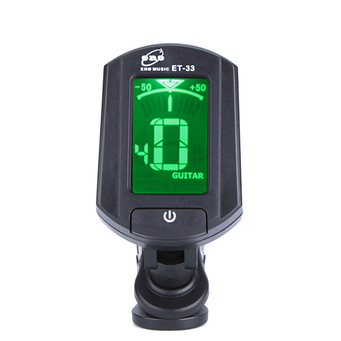 The Axiom Clip On Tuner by Axiom Music features a clear display, power button, and sturdy clip for easy attachment. Suitable for any stringed instrument, this tuner offers a wide tuning range for precise adjustments.