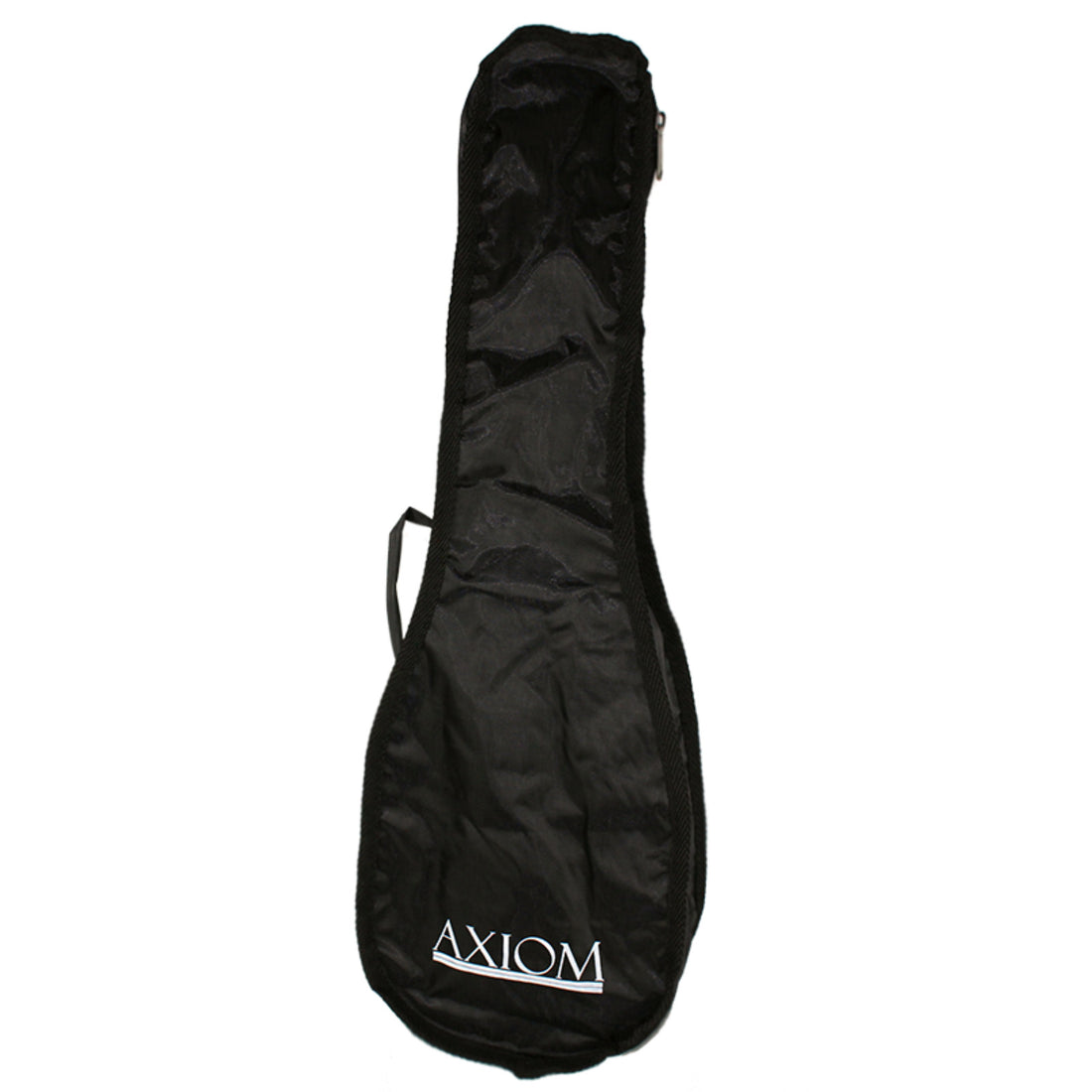 The Axiom Ukulele Bag - Soprano Size by Axiom Music is a black fabric case with a handle, featuring AXIOM in white near the bottom. Perfect for safely and stylishly carrying your Soprano or Spectrum series ukuleles.