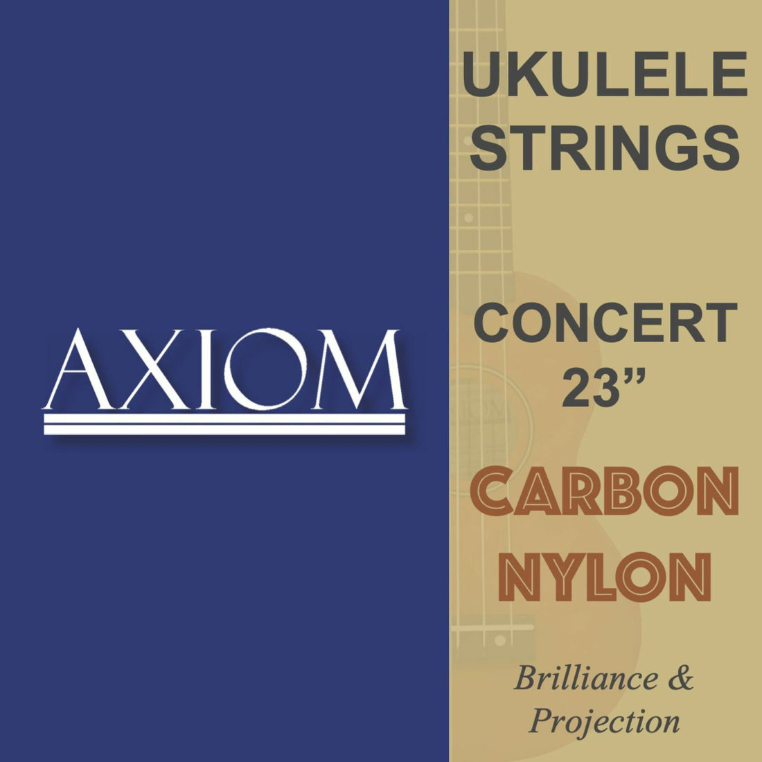 Axiom Music Ukulele String Set - 23 Concert Size, carbon nylon. Features: Brilliance &amp; Projection, affordable price. Faded ukulele image in background.
