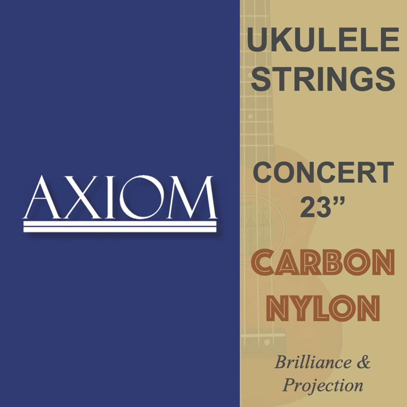 Axiom Music Ukulele String Set - 23 Concert Size, carbon nylon. Features: Brilliance &amp; Projection, affordable price. Faded ukulele image in background.