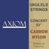 Axiom Music Ukulele String Set - 23 Concert Size, carbon nylon. Features: Brilliance & Projection, affordable price. Faded ukulele image in background.
