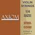 The Axiom Violin String Set - 1/4 Size by Axiom Music features solid steel core strings with aluminium winding and packaging highlighted by the phrase “Brilliance & Projection.”.