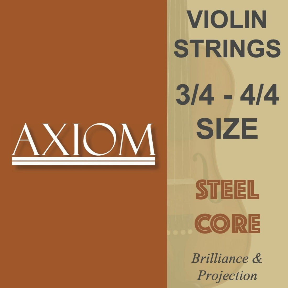 Axiom Music Axiom Violin String Set for 3/4–4/4 violins features a solid steel core, aluminium winding, and is labeled for brilliance and projection; packaging shows a violin on a brown and beige background.