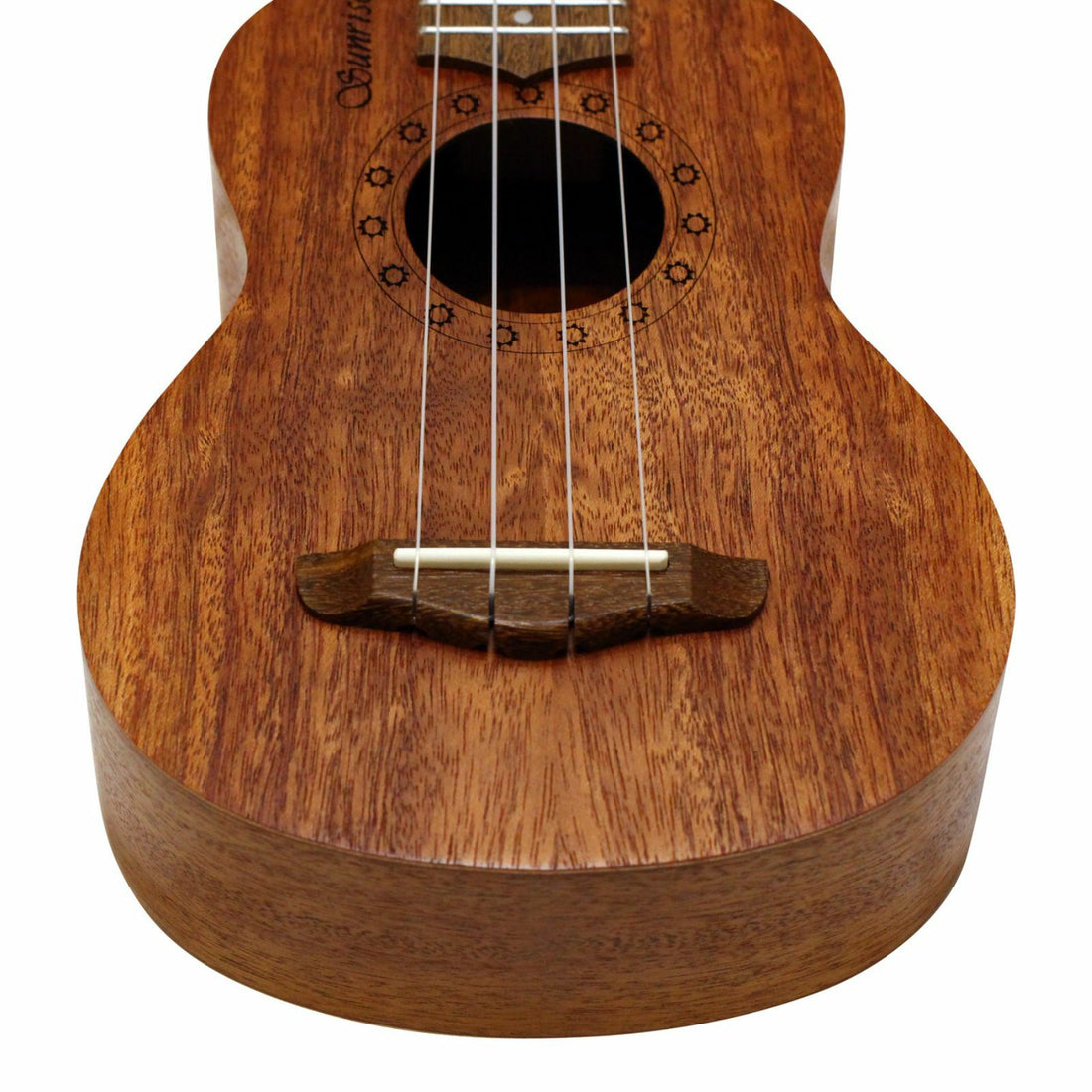 The Axiom Sunrise Soprano Ukulele by Axiom Music, featuring four tuning pegs and a circular sound hole, is shown from the front at a slight angle on a white background.